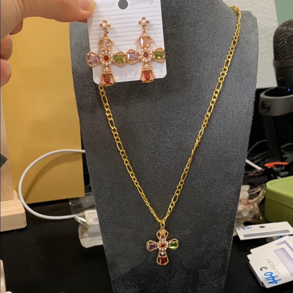 Gold Multicolor Cross Necklace and Earring Set